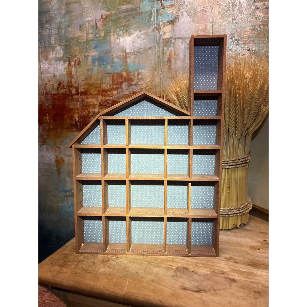 Vintage Yardstick House Shadow Box Wood Miniature Trinket Display Shelf Blue